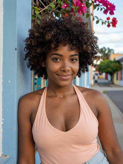 Tiffani, 24, Barbadian woman from Speightstown with natural afro by a colorful wall with bougainvillea - Latin 312 verified profile
