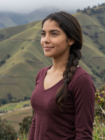 Roxana, 27, Salvadoran single from Chalatenango in burgundy top at a misty highland overlook - verified dating profile