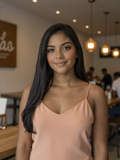 Daniela, 26, Venezuelan woman from Caracas with long black hair smiling in modern cafe - Latin 312 Dating verified profile
