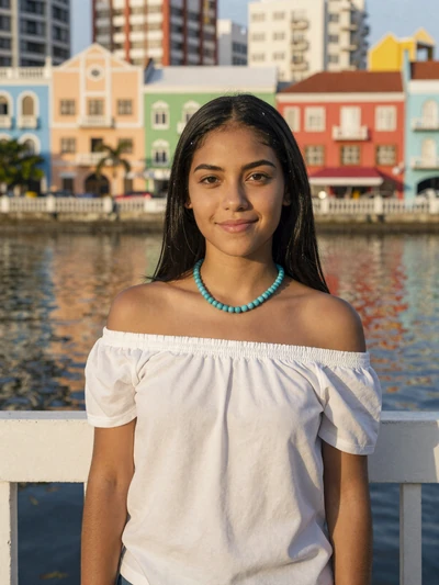 Xiorely, 25, Curaçaoan woman on Queen Emma Bridge Willemstad with colorful buildings reflected in harbor - Latin 312 verified profile