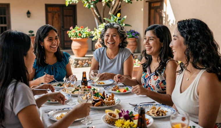 Three generations of Latin American women laughing together at a family dinner table with traditional food