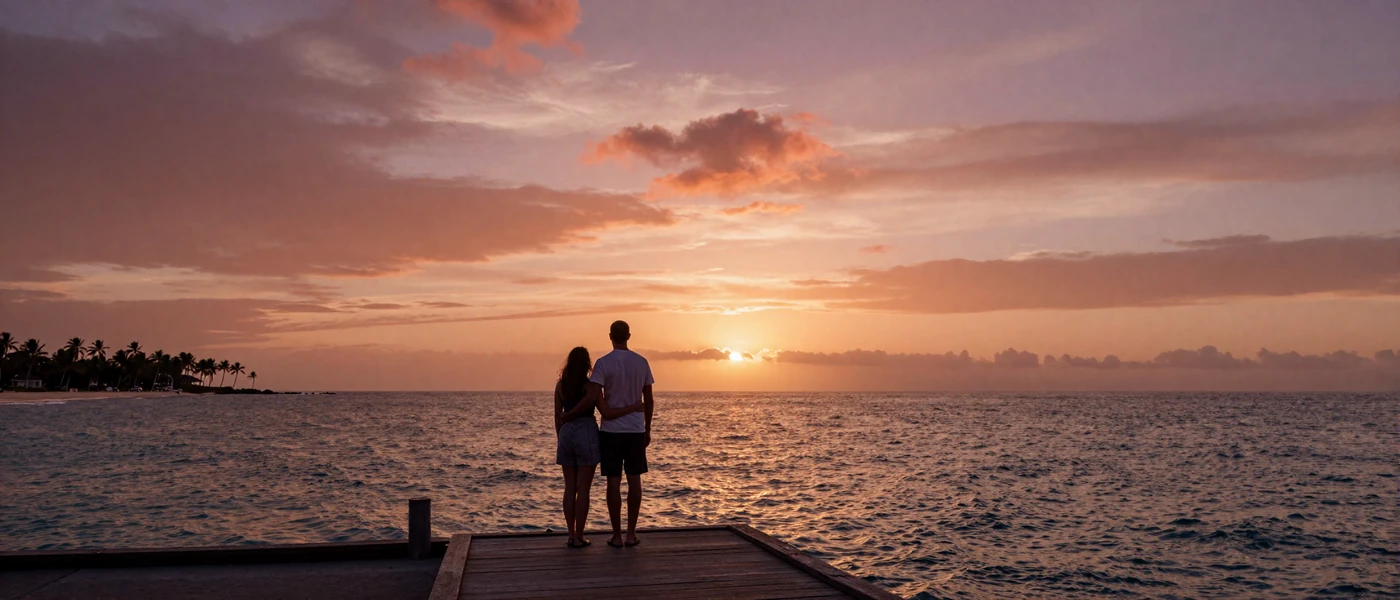 Romantic sunset silhouette of an intercultural couple on a Caribbean pier - Latin 312 Dating success stories