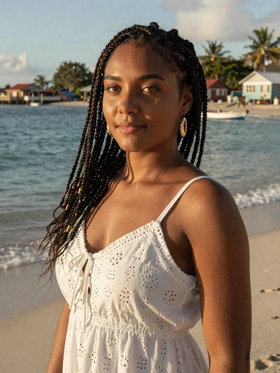 Gabrielle, 26, Saint Lucian single from Laborie in white eyelet dress at a Caribbean fishing village beach - verified dating profile