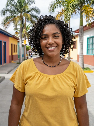 Lucía, 25, Afro-Ecuadorian woman from Esmeraldas with joyful smile on a tropical street - verified dating profile