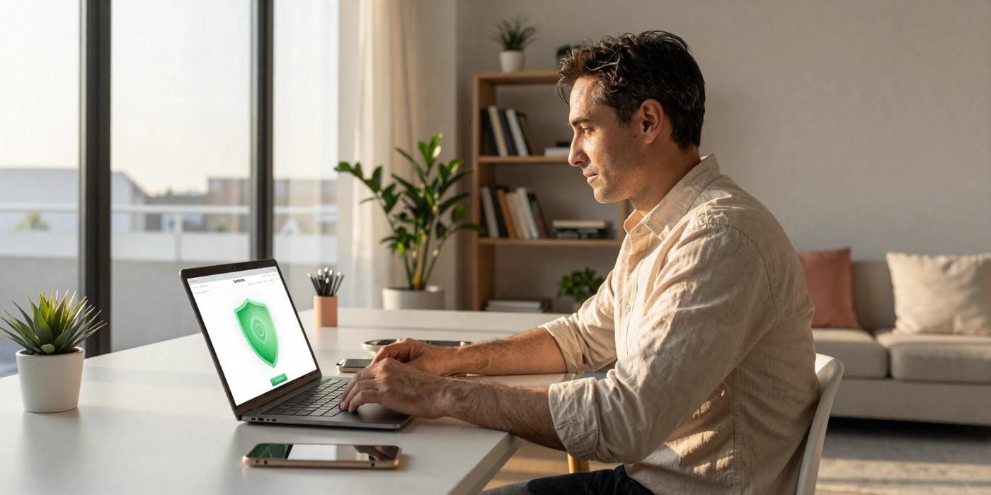 Man safely browsing a verified Latin dating platform on his laptop with security shield icon visible on screen
