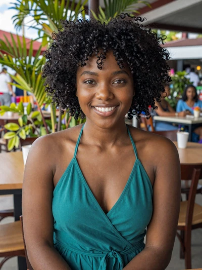 Aaliyah, 24, Afro-Trinidadian woman from San Fernando in teal top at outdoor cafe - verified dating profile