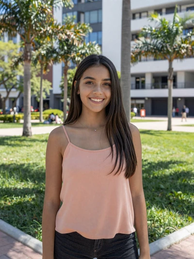 Sofía, 22, Bolivian single from Santa Cruz in peach top at modern park with palm trees - Latin 312 verified profile