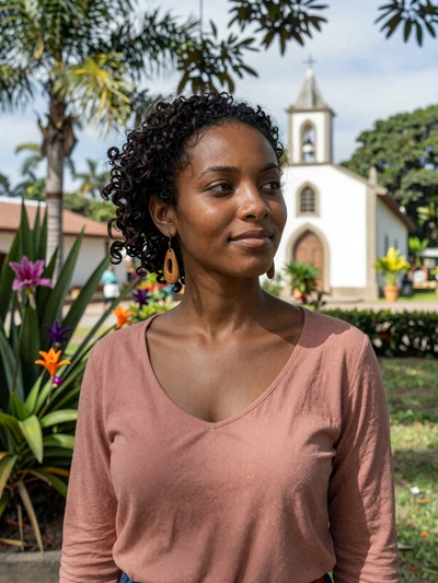 Cassandra, 27, Haitian single from Hinche with curly bun in tropical garden with church in background - verified dating profile
