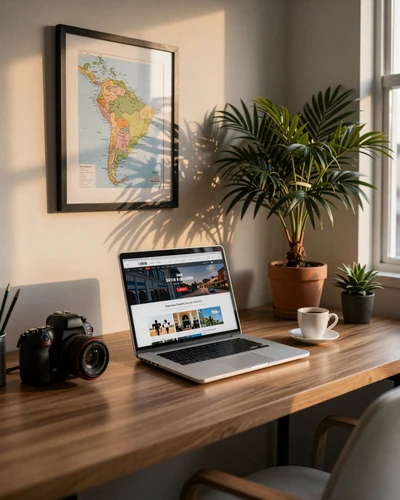Latin 312 Dating office workspace with Latin American map and dating platform on screen