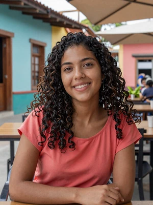 Isabella, 23, Uruguayan woman from Rivera with curly black hair at outdoor cafe - Latin 312 verified profile