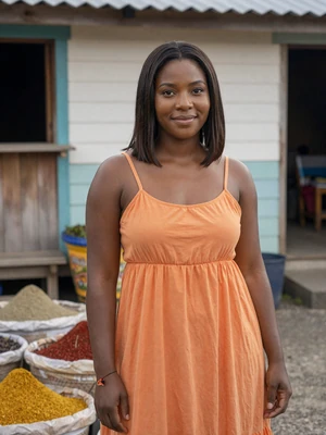 Monique, 29, Grenadian woman from Gouyave in orange sundress near spice baskets - Latin 312 Dating profile