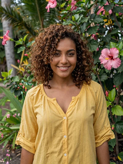Janelle, 25, mixed-race Trinidadian woman from Arima in yellow blouse at tropical garden - verified dating profile