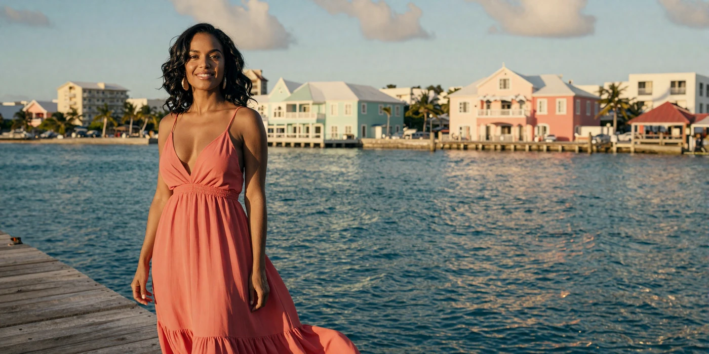Beautiful Bahamian woman smiling on a Nassau harbor pier with turquoise Caribbean waters and colorful colonial buildings at golden hour