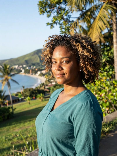 Roseline, 29, Haitian woman from Jérémie with natural hair overlooking tropical bay - Latin 312 verified profile