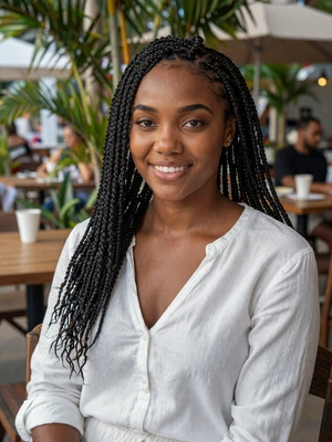 Shaniqua, 26, Bahamian woman from Nassau with braided hair at an outdoor cafe - Latin 312 Dating verified profile