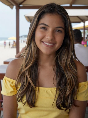 Natalia, 25, beautiful Colombian woman from Barranquilla in yellow top at beachside restaurant - dating profile