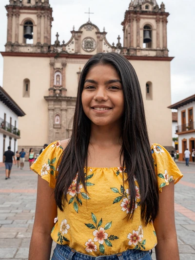 Daniela, 23, Salvadoran woman from Usulután in yellow floral blouse at a colonial town square - Latin 312 verified profile