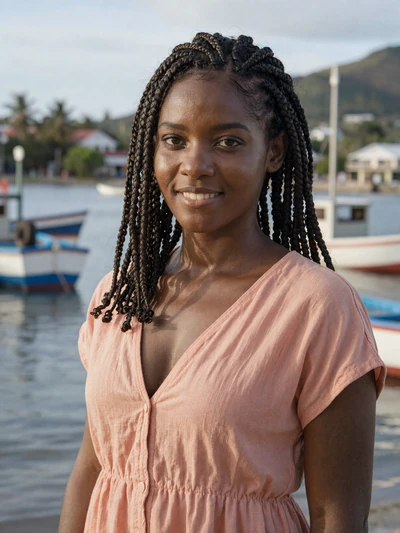 Tanya, 25, Saint Lucian single from Vieux Fort in peach dress at tropical harbor - verified dating profile