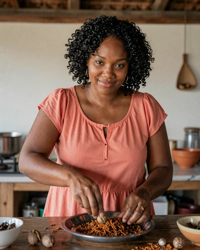 Grenadian woman preparing traditional spice-infused Caribbean cuisine in a rustic kitchen with nutmeg and cinnamon on the Spice Isle