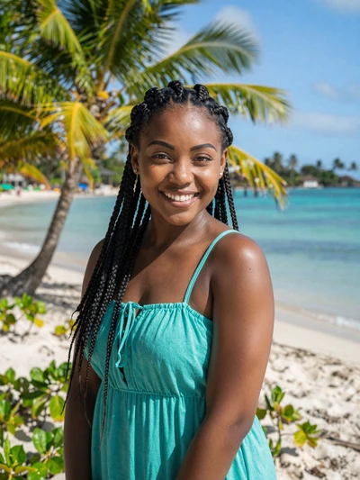 Natasha, 23, Afro-Trinidadian woman from Scarborough Tobago in turquoise dress on tropical beach - verified profile