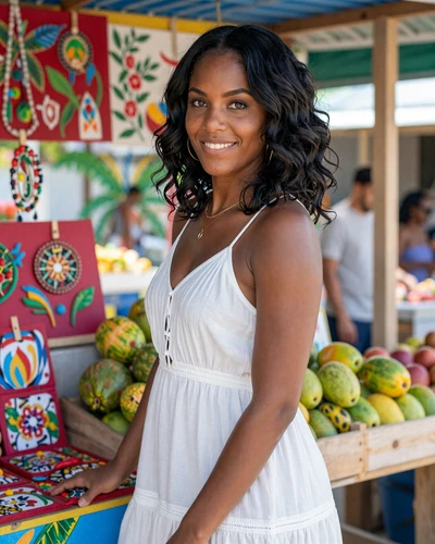 Beautiful Bahamian woman shopping at a colorful Nassau market stall with tropical fruits and island crafts in bright daylight