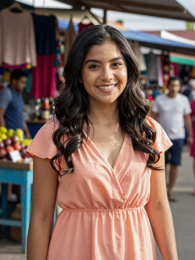Melanie, 24, Honduran single from San Pedro Sula in peach dress at outdoor market - verified dating profile