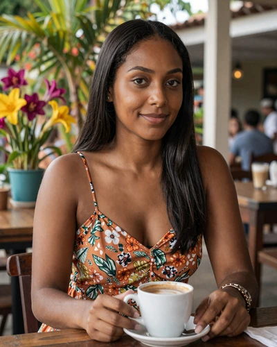 Beautiful Indo-Trinidadian woman enjoying cocoa tea at an outdoor cafe in Port of Spain with tropical flowers