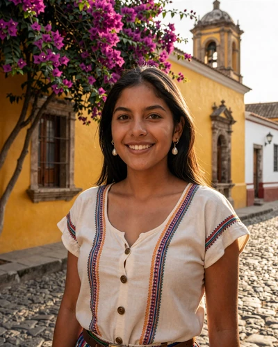 Guatemalan woman smiling warmly on a cobblestone street in Antigua with colorful colonial architecture and bougainvillea