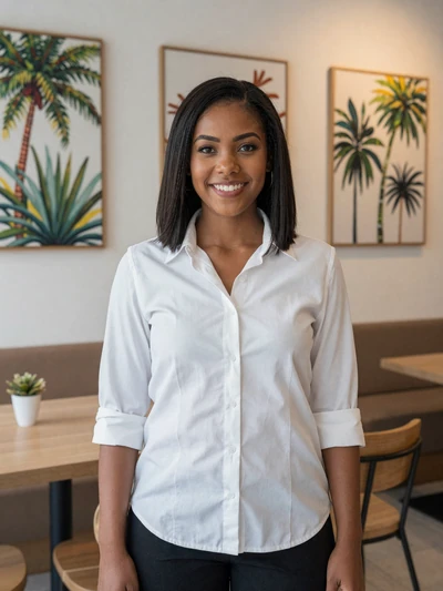 Kayla-Ann, 28, Barbadian single from Holetown in a white shirt at a modern boutique cafe - verified dating profile