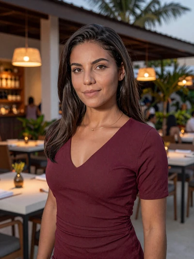 Manon, 30, French Guianese woman from Kourou in burgundy top at elegant restaurant terrace - Latin 312 verified profile