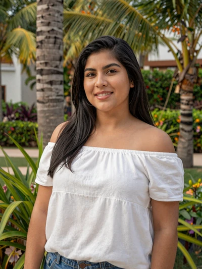 Daniela, 27, Mexican woman from Cancún in white top surrounded by tropical greenery - dating profile