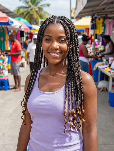 Cerisse, 25, Barbadian woman from Bridgetown with box braids at a vibrant market - Latin 312 Dating verified profile