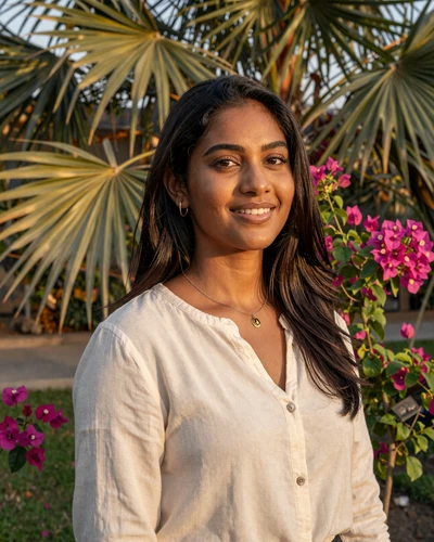 Beautiful Indo-Guyanese woman in cream blouse smiling in tropical garden with bougainvillea and palm fronds in Georgetown