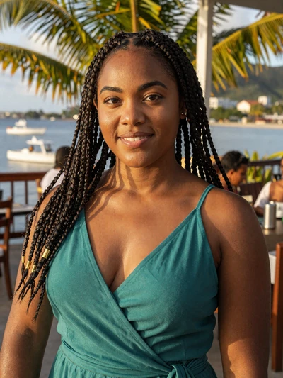 Isabelle, 28, Saint Lucian woman from Marigot Bay with braids at a tropical garden restaurant - Latin 312 verified profile