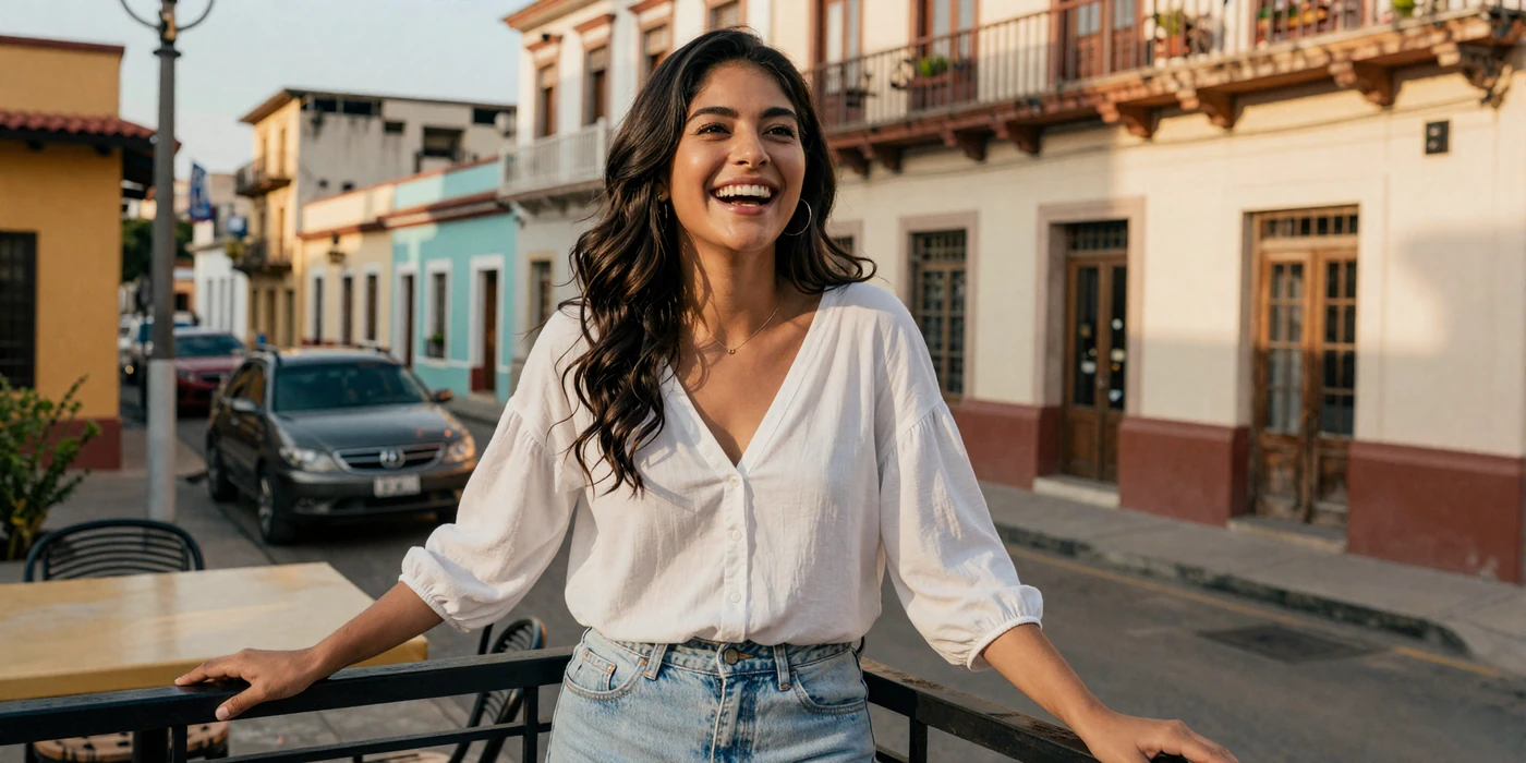 Beautiful Latina woman laughing candidly at an outdoor cafe in a vibrant Latin American city at golden hour