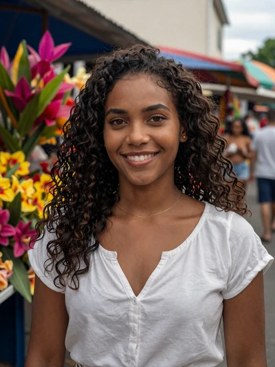 Natalie, 26, Saint Lucian woman from Castries with curly dark hair at a colorful Caribbean market - Latin 312 Dating verified profile