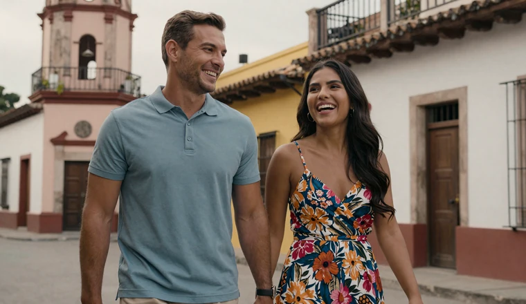 Happy interracial couple walking through a colorful Latin American street enjoying a date