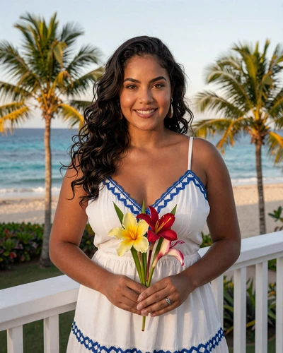 Dominican woman in white sundress holding tropical flowers on balcony overlooking Caribbean beach with palm trees