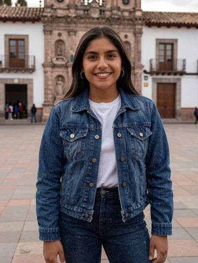 Valeria, 26, Bolivian woman from Oruro in denim jacket on historic plaza - Latin 312 Dating profile