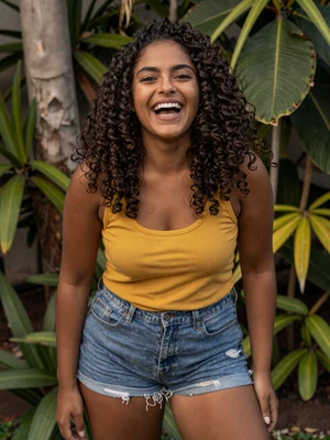 Bianca, 25, joyful Brazilian woman with curly dark hair laughing in a tropical garden in São Paulo