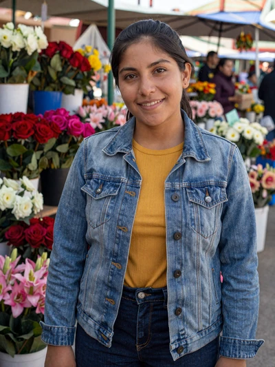 María José, 29, Bolivian woman from Cochabamba in denim jacket at colorful flower market - Latin 312 Dating profile