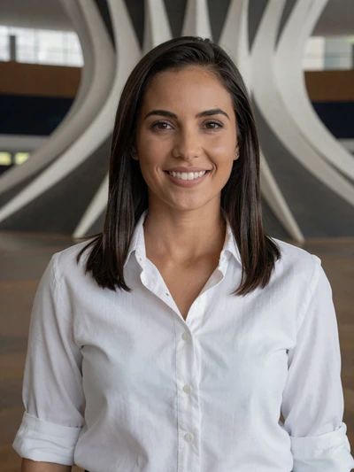 Gabriela, 26, Brazilian single from Brasília in white shirt at modern architectural space - verified dating profile
