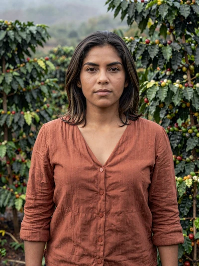Andrea, 29, Salvadoran single from Ahuachapán in terracotta blouse at a coffee plantation - verified dating profile