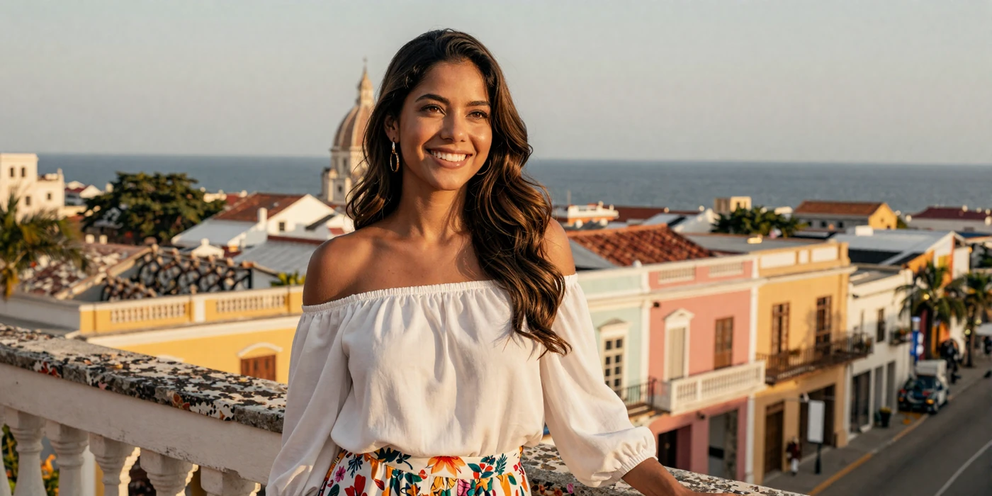 Beautiful Colombian woman smiling on a colorful balcony overlooking Cartagena old town at golden hour