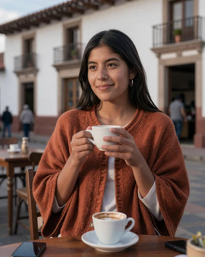 Bolivian woman enjoying traditional api morado at a colonial cafe in Sucre Bolivia with white architecture backdrop