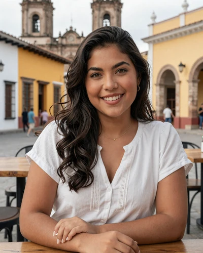 Beautiful Colombian woman with hazel eyes and dark wavy hair smiling at an outdoor cafe showcasing Latin beauty diversity