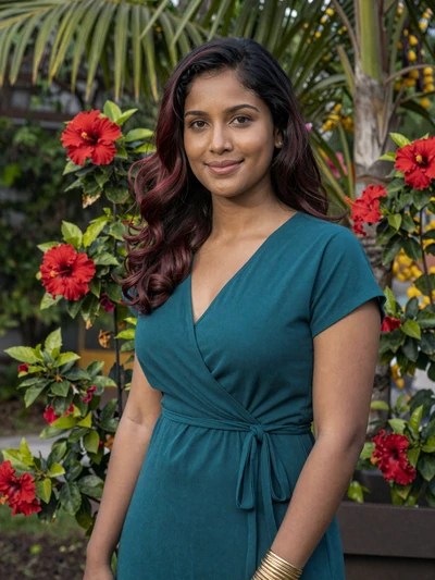 Meera, 29, Indo-Trinidadian woman from Sangre Grande in teal wrap dress at tropical garden - Latin 312 Dating profile