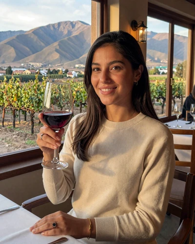 Sophisticated Chilean woman enjoying Carmenère wine at a Maipo Valley vineyard tasting room with Andes mountains visible through windows