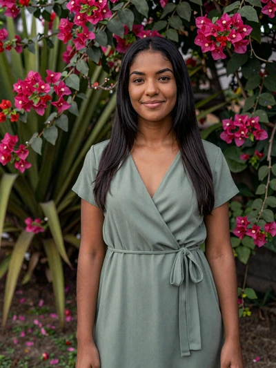 Anaïs, 28, French Guianese woman from Matoury in sage dress at tropical garden with bougainvillea - Latin 312 verified profile