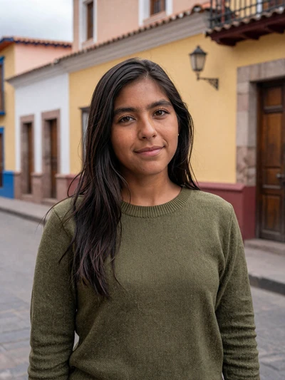 Alejandra, 25, Bolivian woman from La Paz with dark hair in olive sweater on colorful colonial street - Latin 312 verified profile